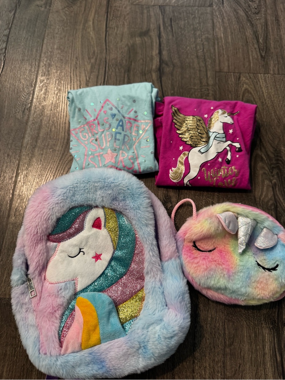 Unicorn Girls Long Sleeve Tops Plush Unicorn Backpack and unicorn purse